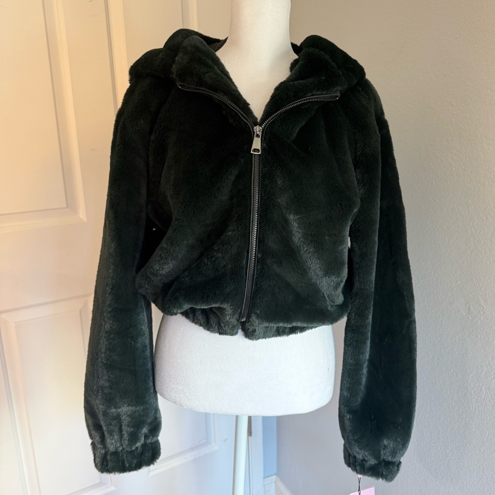 Avec Les Filles Dark Emerald Green Faux Fur Hooded Zip Jacket NWT XS